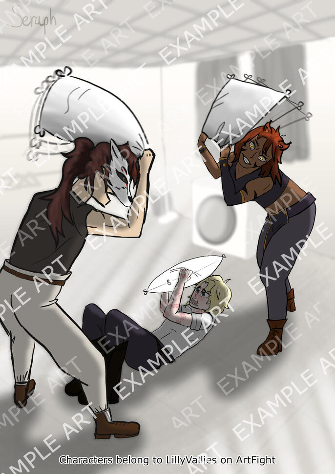 3 humans pillow fighting