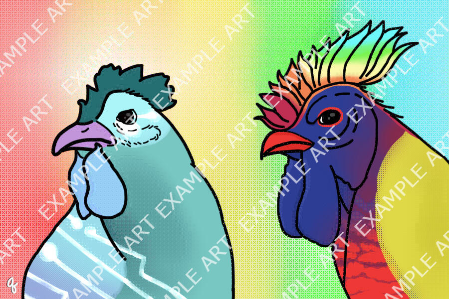 two brightly color chickens