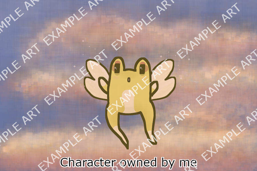 a winged yellow frog floats in the sky